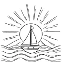 bright sun with rays with sailing boat and waves. bold fine line minimalist tattoo design idea