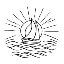 bright sun with rays with sailing boat and waves. bold fine line minimalist tattoo design idea