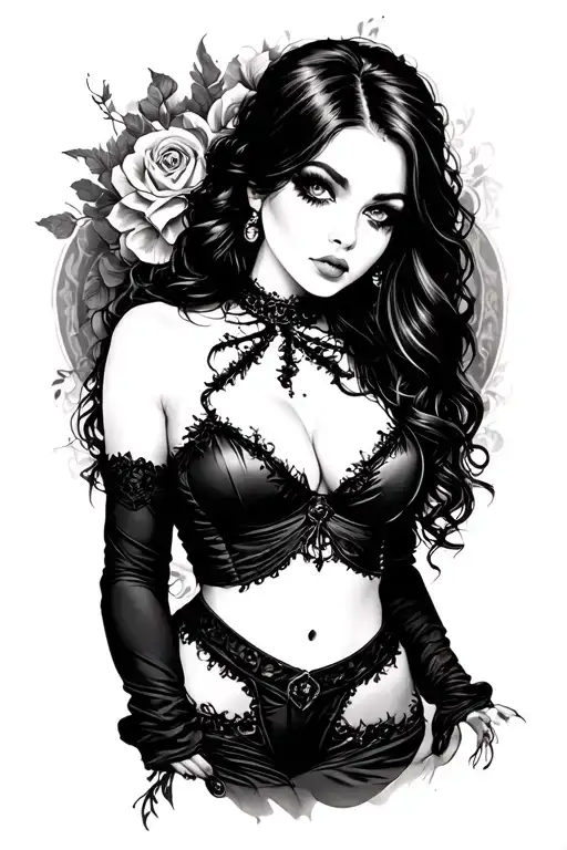 black and grey gothic pinup girl tattoo design idea