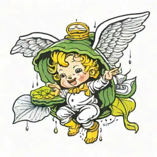 A Cherub type angel using a lily pad as an umbrella while it's raining  tattoo design idea