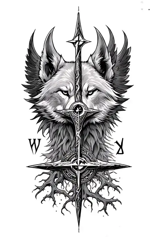 Viking compass, wolf, raven, runes, thors hammer, roots tattoo design idea