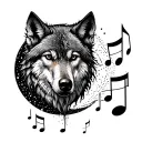 Musical notes with wolf and moon tattoo design idea