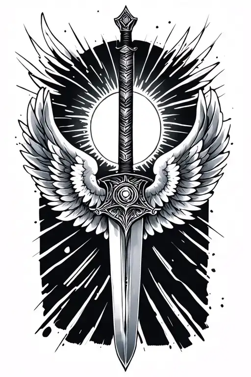 sword,wings,sun,lines tattoo design idea