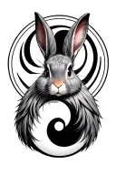 really long-haired gray rabbit, in the background a ying yang sign with a 3d effect tattoo design idea