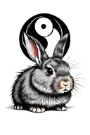 really long-haired gray rabbit, in the background a ying yang sign with a 3d effect tattoo design idea