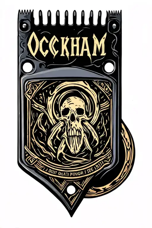 razor blade with inscription 'OCKHAM' tattoo design idea