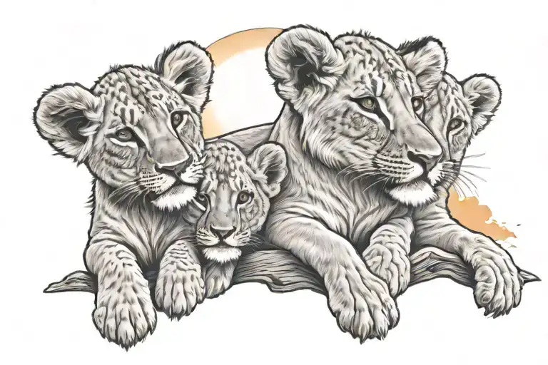 3 lion cubs watching sunset with angel lion cub flying tattoo design idea