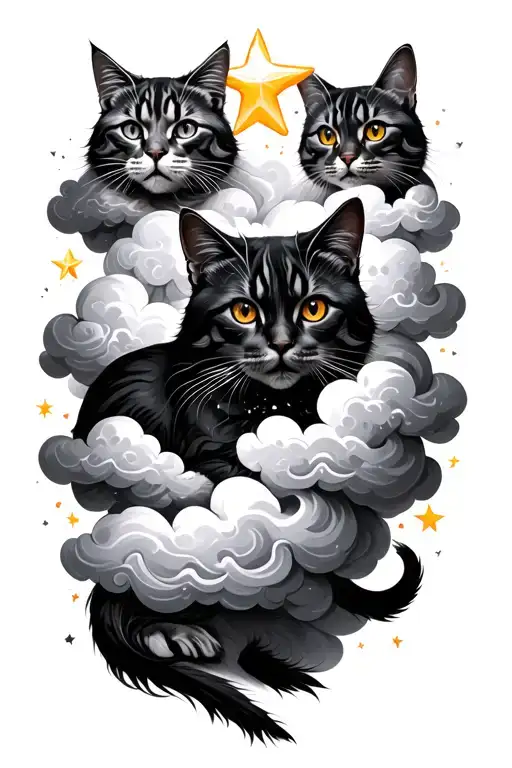 Flowing clouds create an ethereal background, with nine stars symbolizing cats — four filled for the deceased, five out tattoo design idea