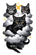 Flowing clouds create an ethereal background, with nine stars symbolizing cats — four filled for the deceased, five out tattoo design idea
