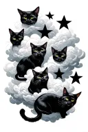 Flowing clouds create an ethereal background, with nine stars symbolizing cats — four filled for the deceased, five out tattoo design idea