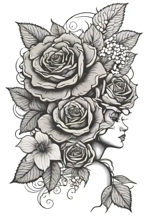 rose, hydrangea and desert flower with leaves and female body silhouette tattoo design idea