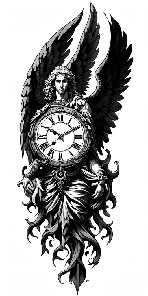 clock with male angel tattoo design idea