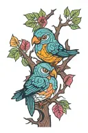 Mola art love birds sitting in a tree. with bold colors.  tattoo design idea