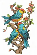 Mola art love birds sitting in a tree. with bold colors.  tattoo design idea