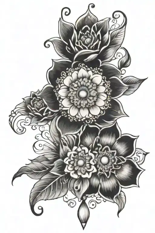 flowers, jewels, mandala design incorporating elements tattoo design idea