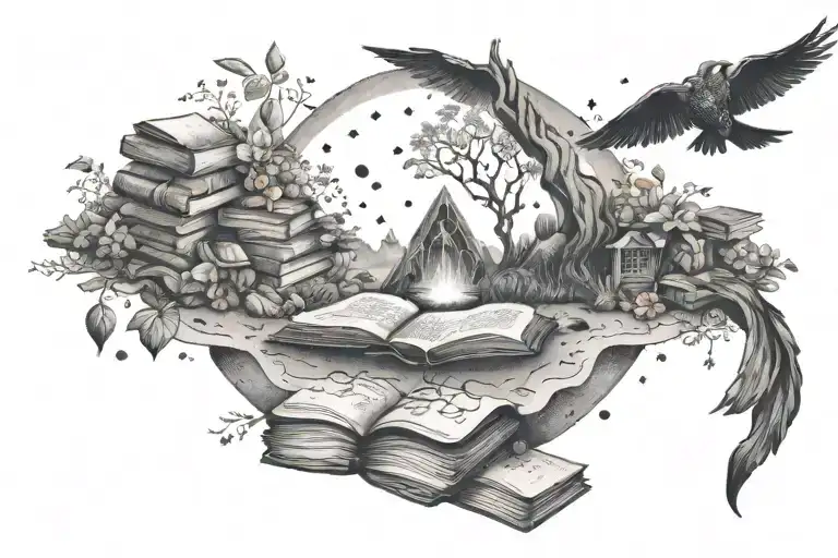 A serene meditation garden with a philosopher's stone at the center, surrounded by books floating in the air tattoo design idea