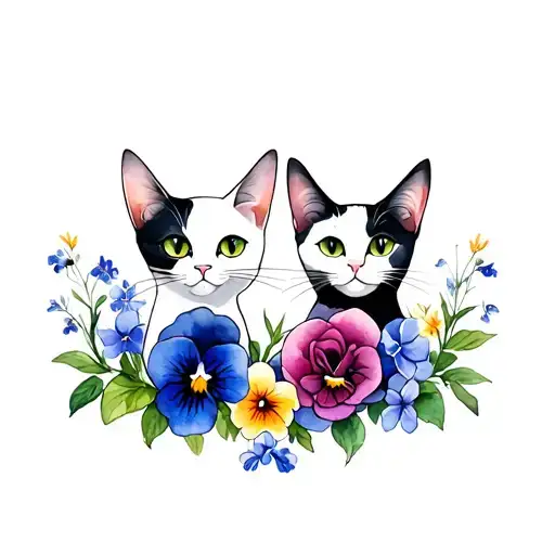 Design a tattoo with 2 cats outlined with pansies, roses, forget me not, orchids inside the outlines  tattoo design idea