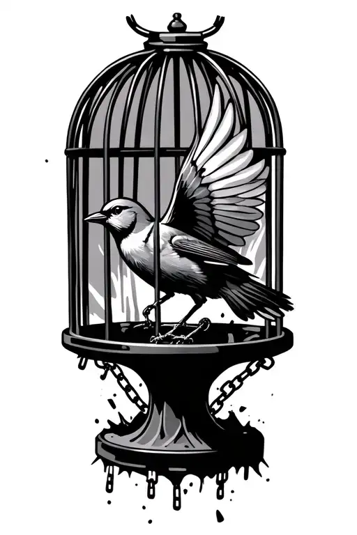 bird flying out of cage with broken chain tattoo design idea