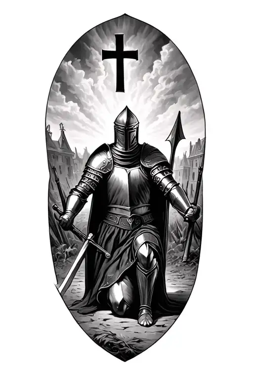 Kneeling Knight, knights templar, battlefield scene, George cross tattoo design idea