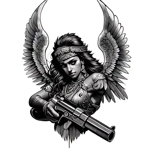 zulu angel holding a gun tattoo design idea