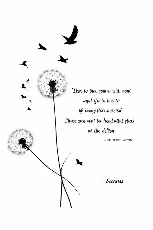 Dandelion turning into birds flying away wi th Socrates quotes tattoo design idea