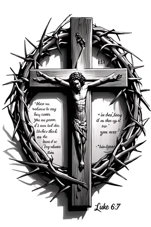 cross in crown of thorns with bible verse Luke 6:37 above it tattoo design idea