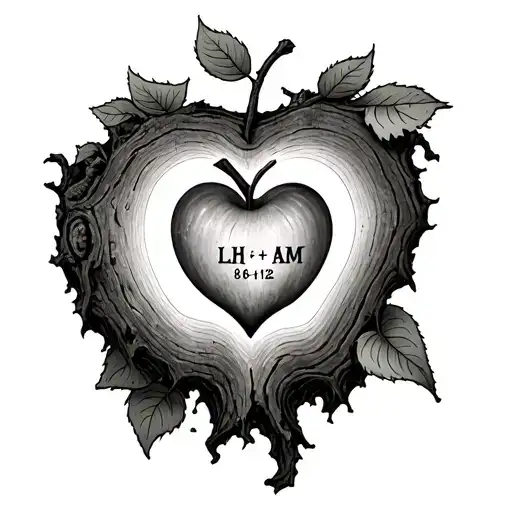 a heart carved into a apple tree trunk.  within the heart have  LH + AM with 8-18-12 below it. tattoo design idea