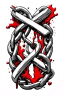 broken Cuban link chain through upside down crosses blood tattoo design idea