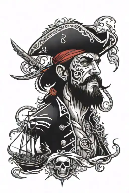 Visualize the life of a pirate on a tattoo, filled with agony desease and adventure tattoo design idea