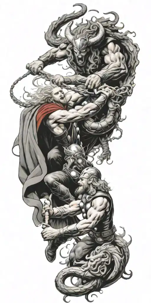 Thor battling a fierce Medusa in a mythical showdown tattoo design idea