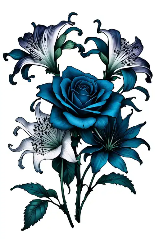 Four spider lilies with a rose in the center, detailed study, realistic style tattoo design idea