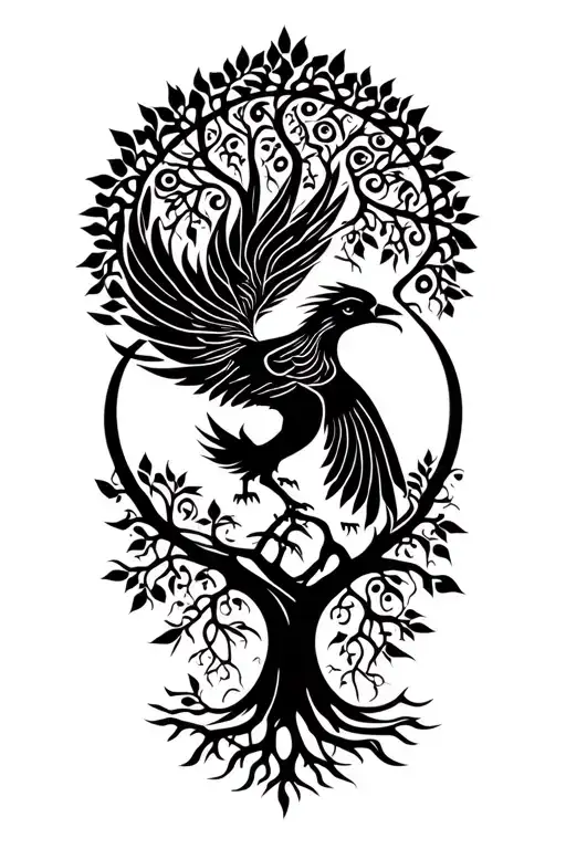 tree of life and rising phoenix intertwined symbolizing tattoo design idea
