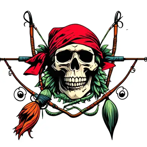 skull wearing a rolled red bandana with fishing poles catching a dream cacther tattoo design idea