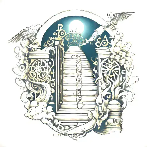.stairway to heaven with 2 gate keepers tattoo design idea