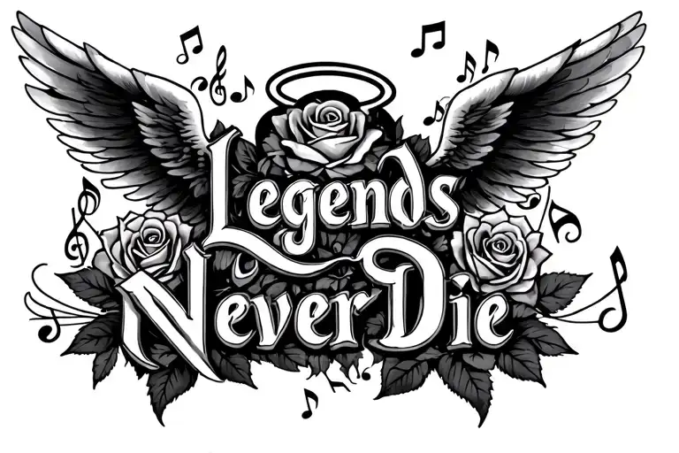 "Legends Never Die" 999 with wings and halo, surrounded by musical notes and roses tattoo design idea