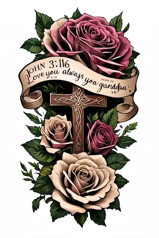 masculine tattoo featuring roses, a cross, and the text “John 3:16,” with "Love you always" in dedication to grandpa tattoo design idea