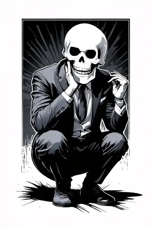 skeleton face guy is squatting, wearing a suit while holing a smiley mask half off tattoo design idea