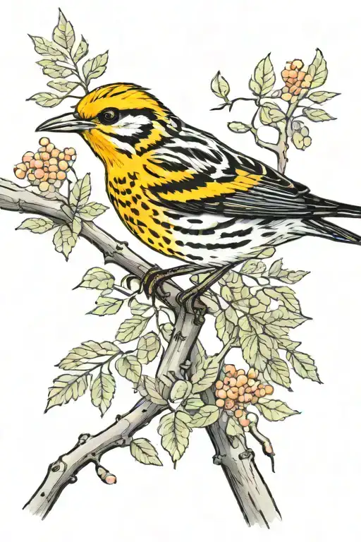 blackburnian warbler on a dawn redwood branch tattoo design idea