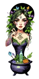  all the 90s and early 2000 witch movies and TV shows hidden in cauldrons, position bottles herbs crystals tattoo design idea