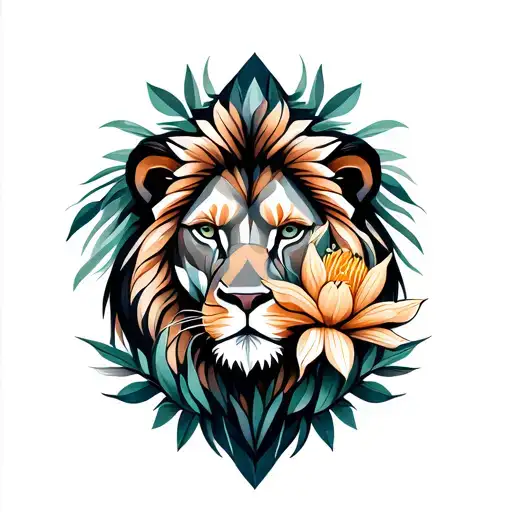 realism lion with protea flower tattoo design idea