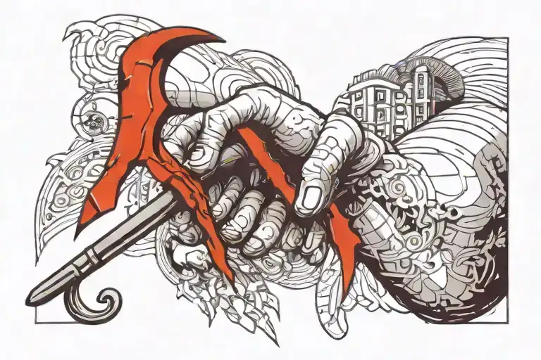 A scythe cuttiong down the my palm going along scars tattoo design idea