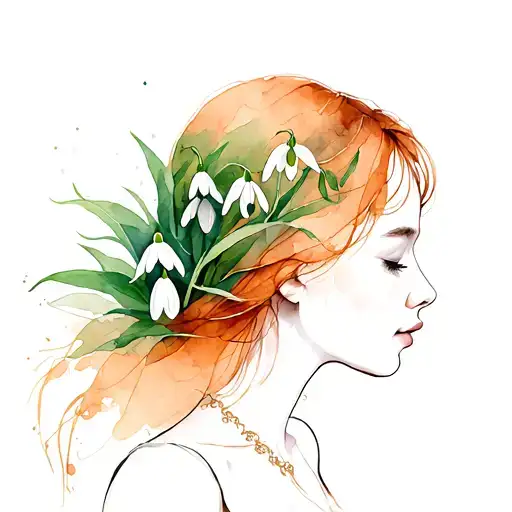 woman with snowdrop on the head tattoo design idea