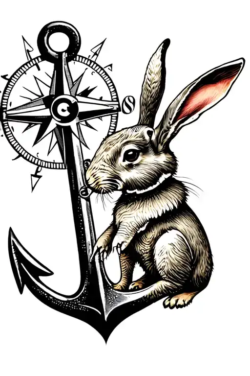compass, anchor, elephant on left of anchor, rabbit on right of anchor tattoo design idea