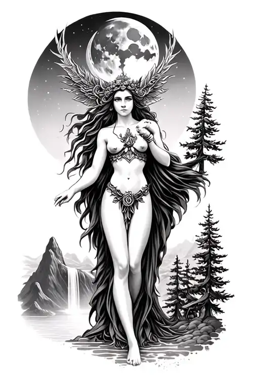 artemis goddess of love with mountains pines rising moon and waterfall tattoo design idea