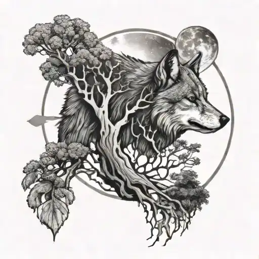 elder tree with waning moon and wolf ear outline tattoo design tattoo design idea