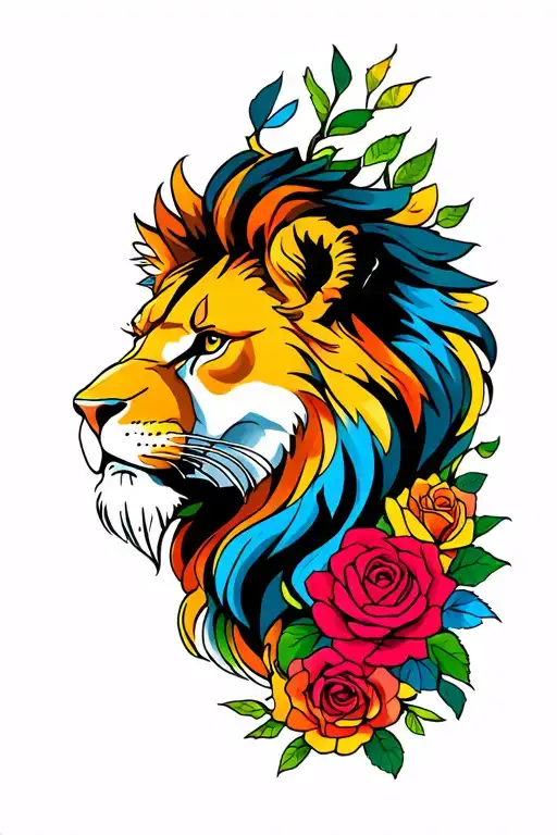 a lion face with roses Incorporated with colors surrounding him Victorious tattoo design idea