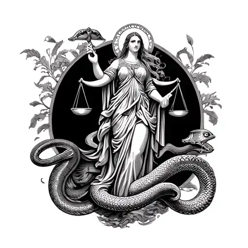 goddess lady virgo holding a scale of justice and she is surrounded by prosperity snake and waves tattoo design idea