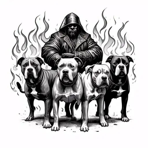 executioner and three pit bulls with flames tattoo design idea