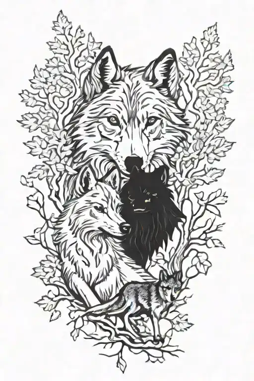 wolf family 2 adults 2 children full oak tree tattoo design idea