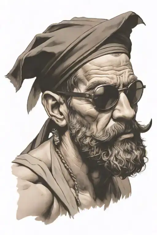 muscular greek man with blindfold over his eyes saying shh tattoo design idea